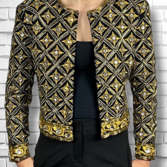 Rare Vintage Adrienne Vittadini Couture Wool Jacket | Black & Gold Beaded Blazer - Picture 1 of 9